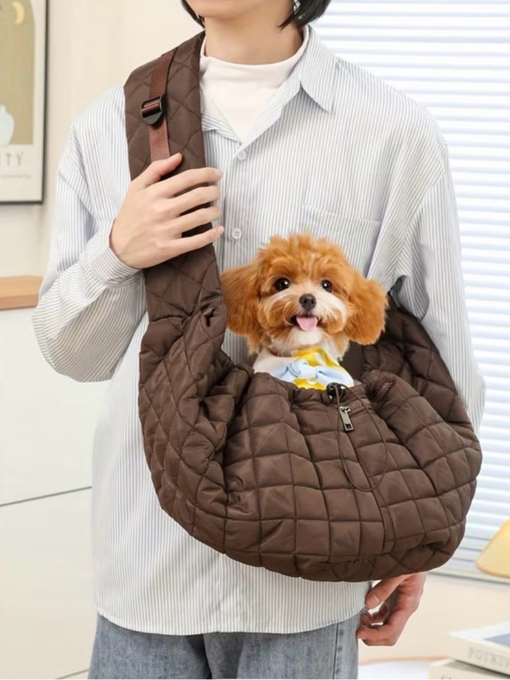Brown Quilted Dog Carrier Sling - Comfortable Pet Sling - BEST THING FOR PUPPIES